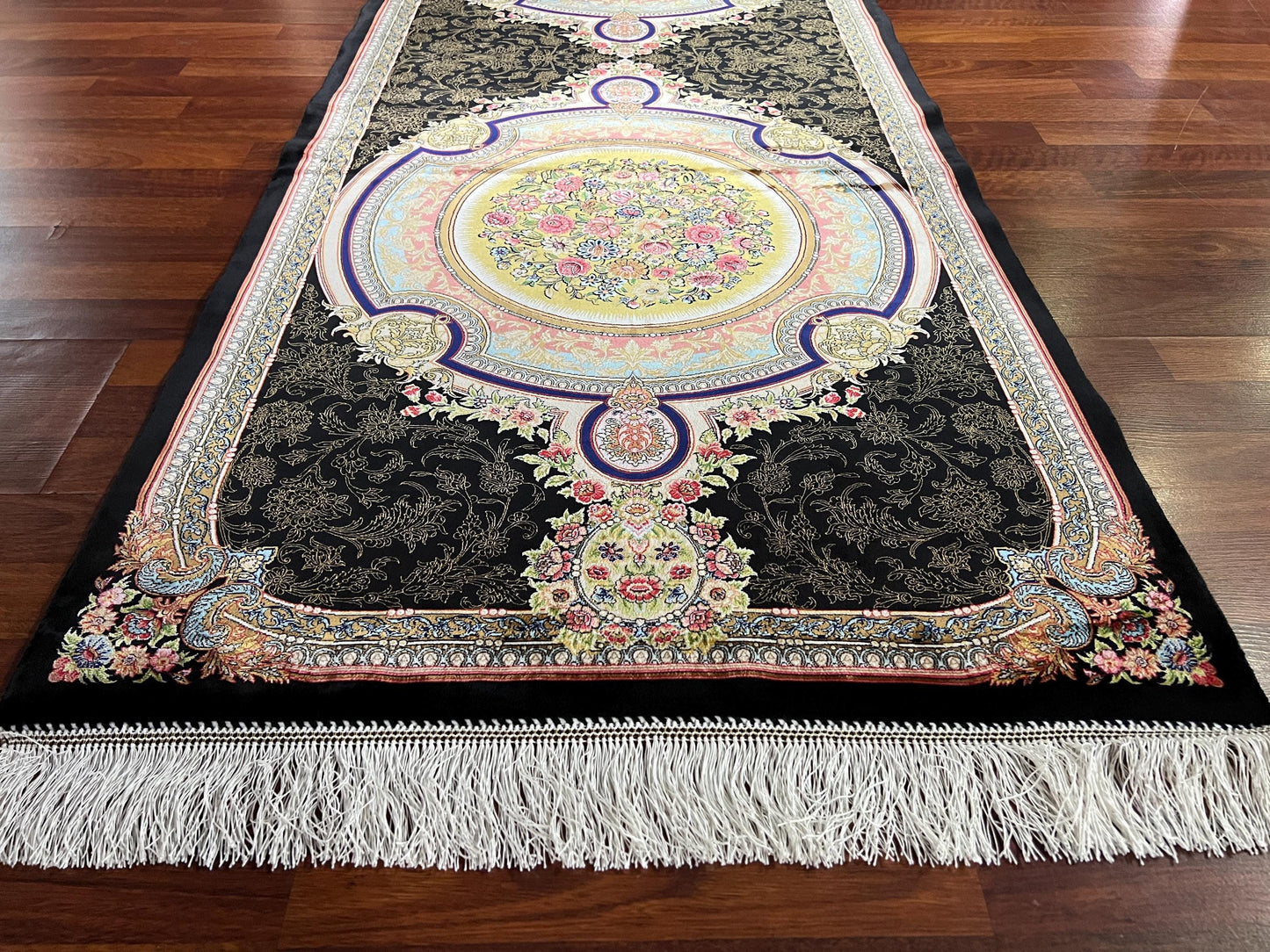 3x10 Black Silk Runner Rug, Medallion Turkish Rug, Luxury Hallway Carpet