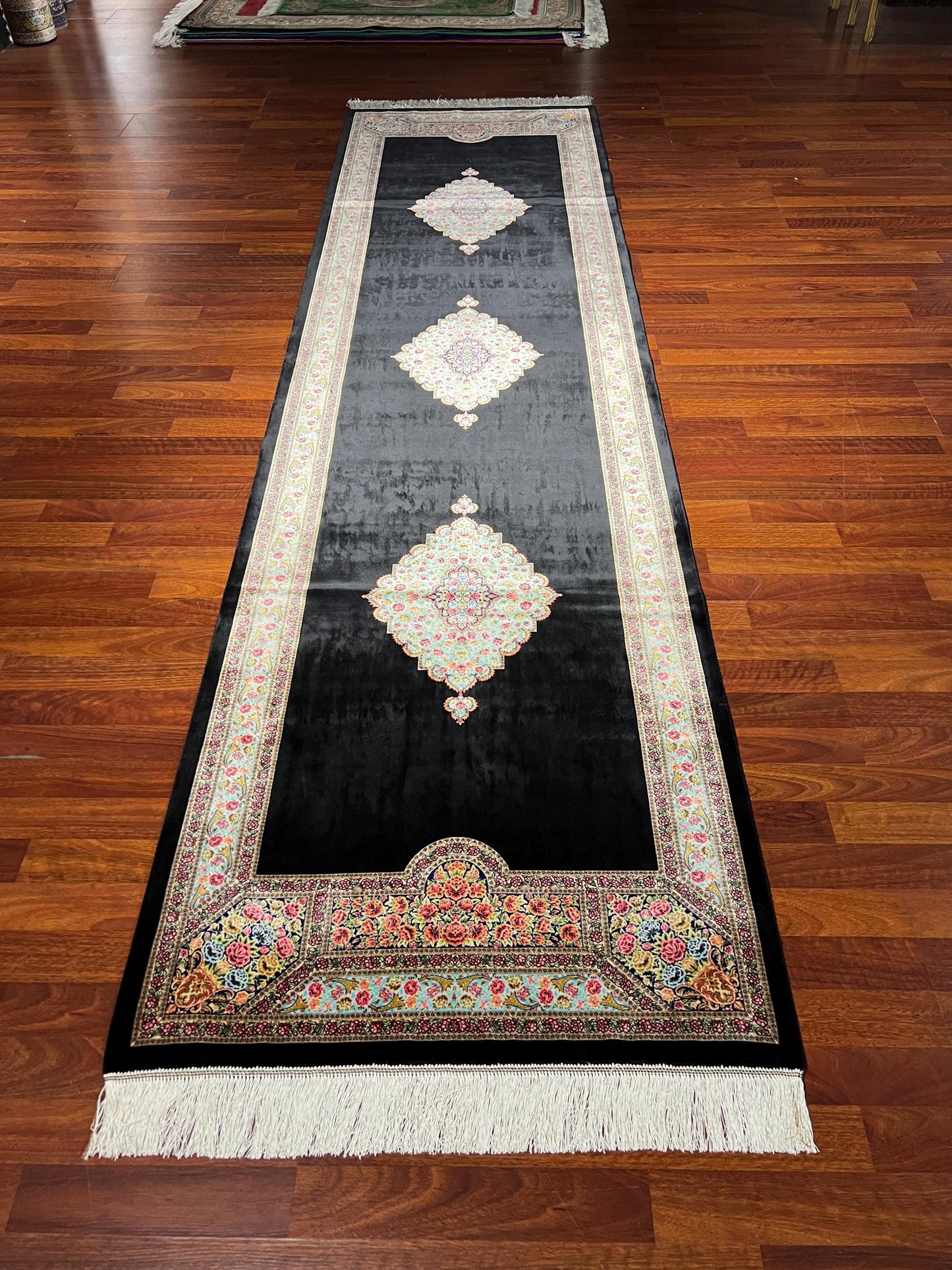 3x10 Black Silk Runner Rug, Floral Medallion Turkish Rug, Luxury Hallway Carpet