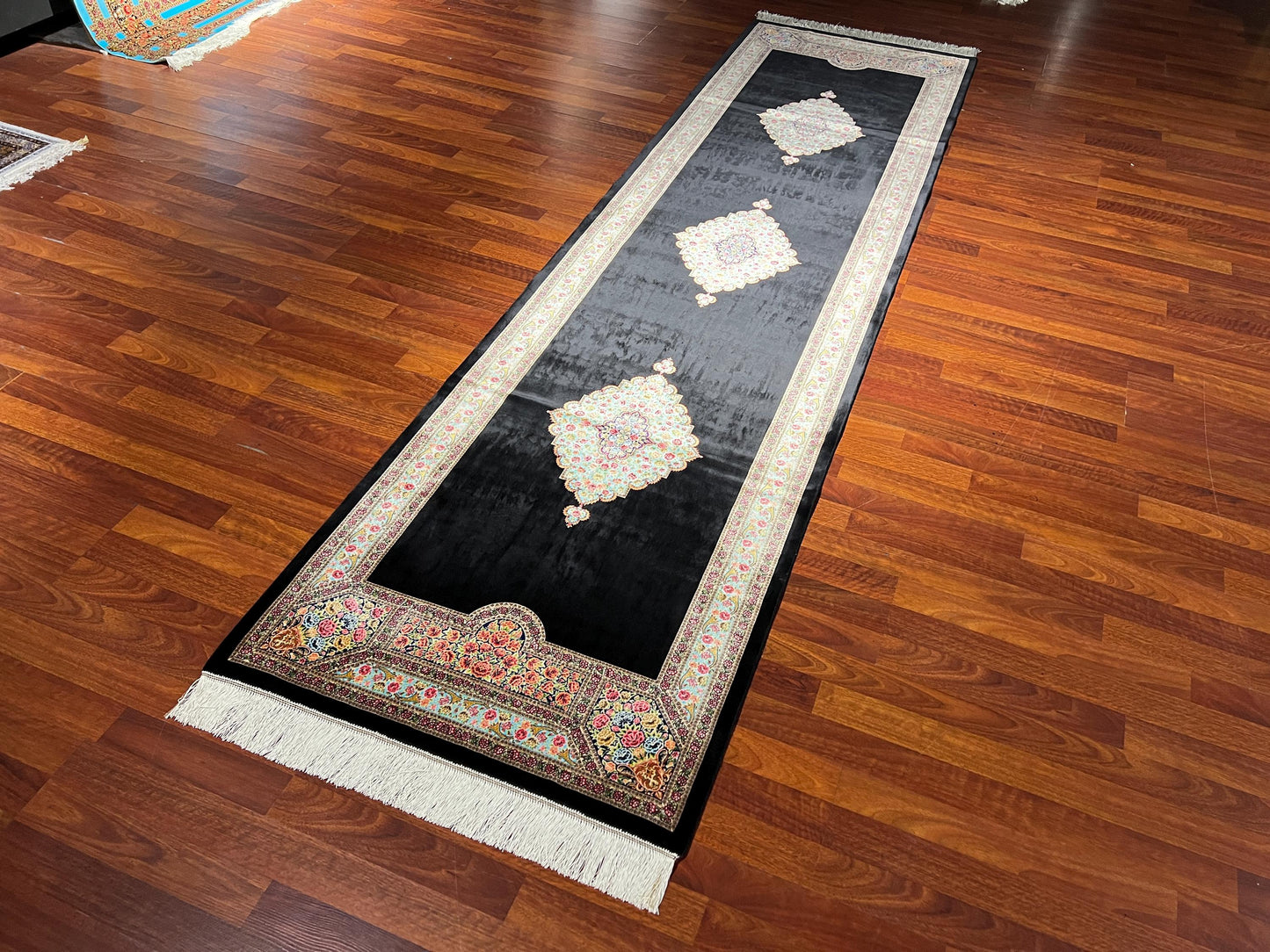 3x10 Black Silk Runner Rug, Floral Medallion Turkish Rug, Luxury Hallway Carpet