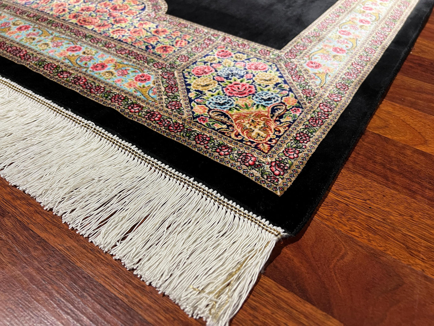 3x10 Black Silk Runner Rug, Floral Medallion Turkish Rug, Luxury Hallway Carpet