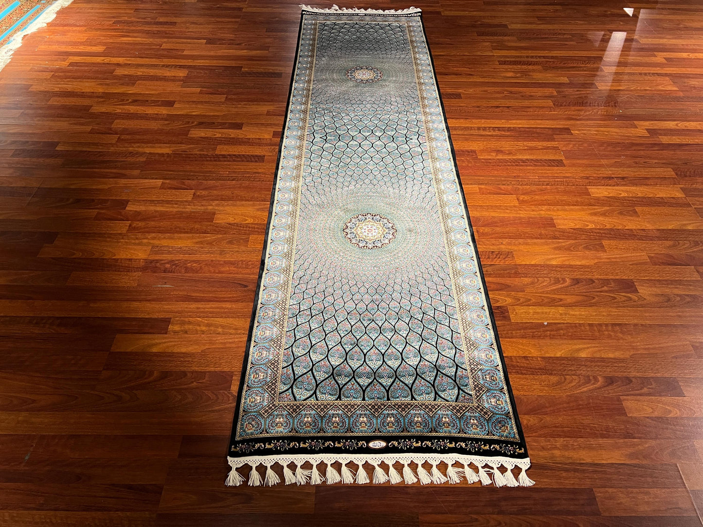 3x10 Blue Silk Runner Rug, Medallion Turkish Silk Carpet, Luxury Hallway Rug