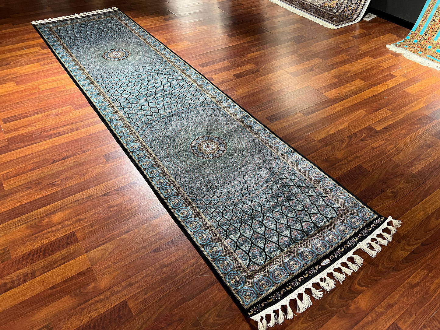 3x10 Blue Silk Runner Rug, Medallion Turkish Silk Carpet, Luxury Hallway Rug