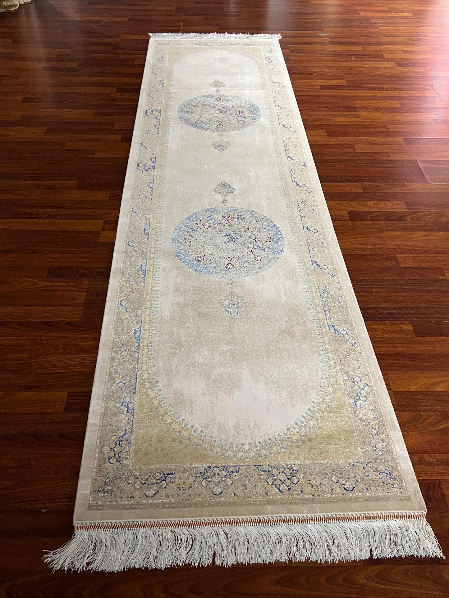 3x10 Gold Silk Runner Rug, Medallion Turkish Silk Carpet, Luxury Hallway Rug