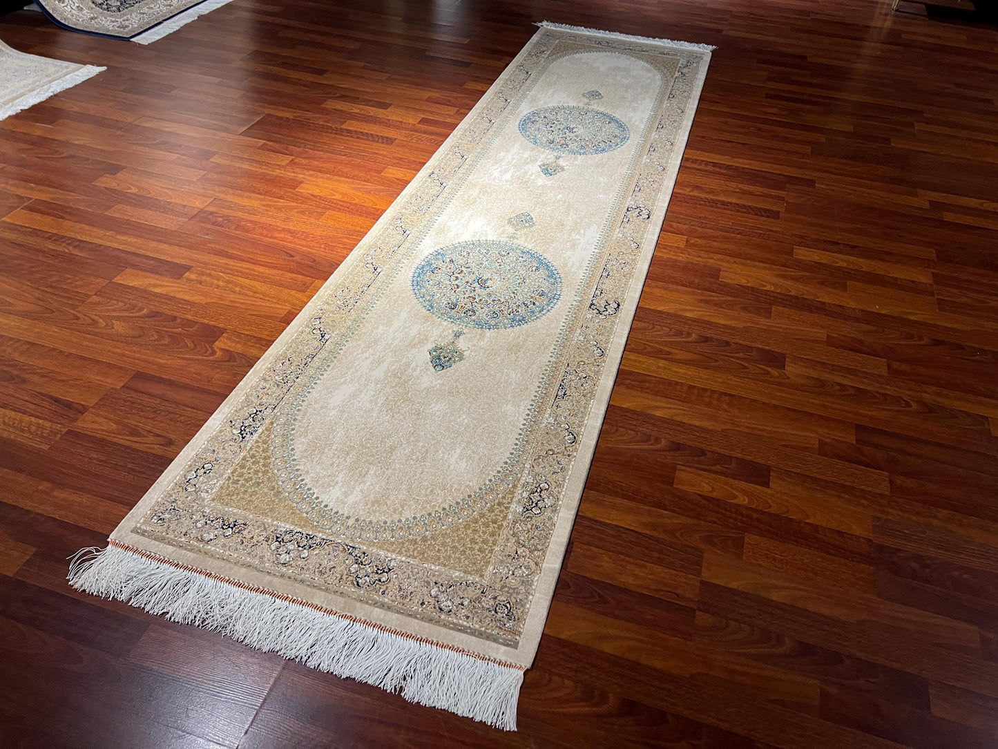 3x10 Gold Silk Runner Rug, Medallion Turkish Silk Carpet, Luxury Hallway Rug