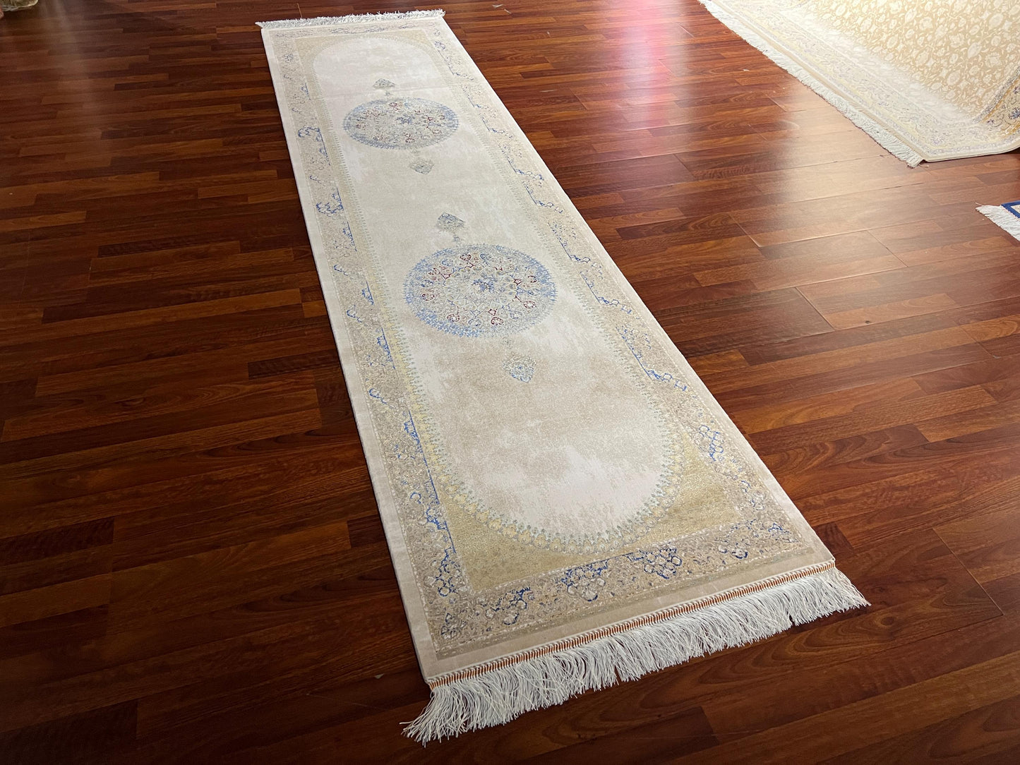 3x10 Gold Silk Runner Rug, Medallion Turkish Silk Carpet, Luxury Hallway Rug