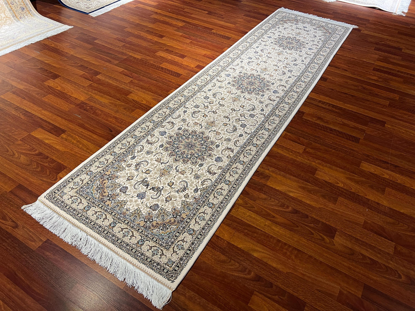 3x10 Beige Silk Runner Rug, Medallion Turkish Area Rug, Luxury Hallway Carpet