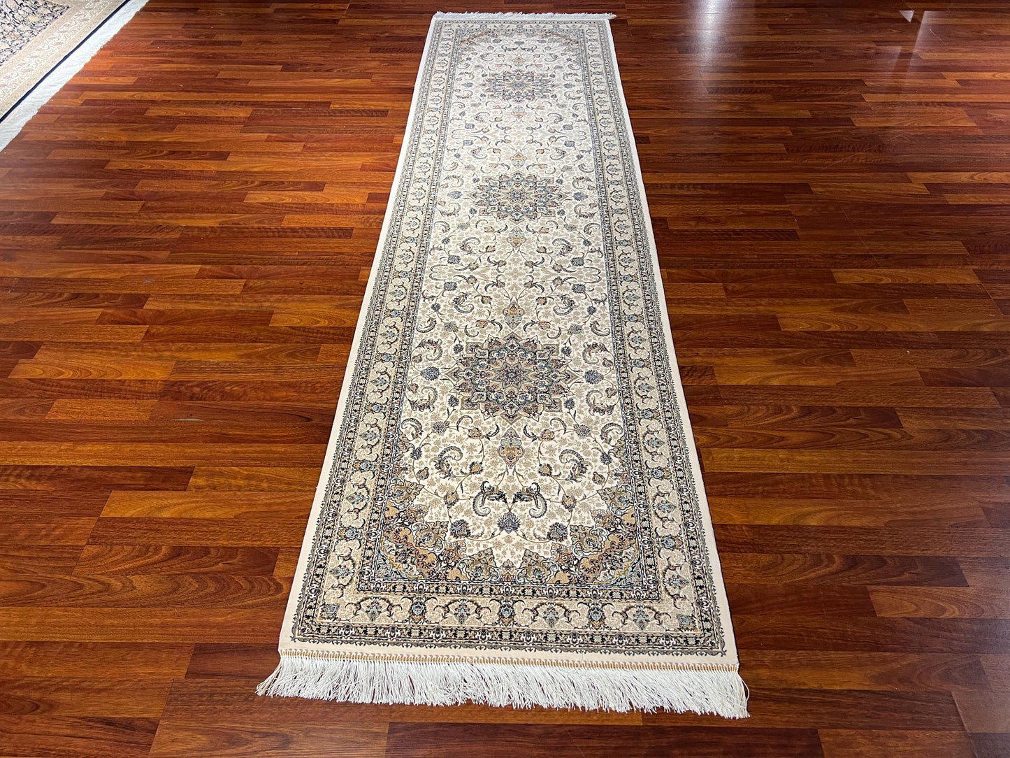 3x10 Beige Silk Runner Rug, Medallion Turkish Area Rug, Luxury Hallway Carpet