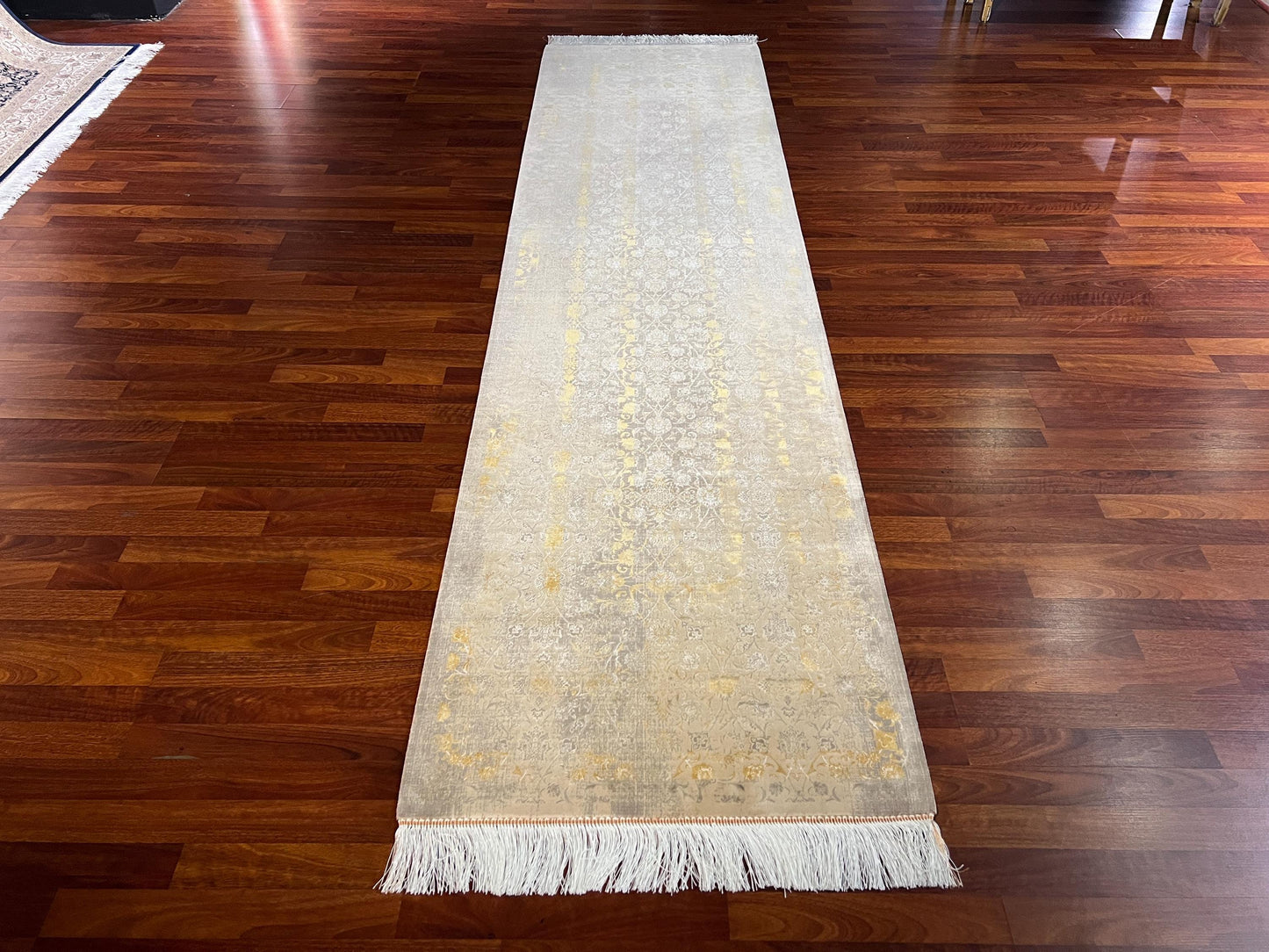 3x10 Gold Silk Runner Rug, Floral Turkish Runner, Luxury Hallway Carpet