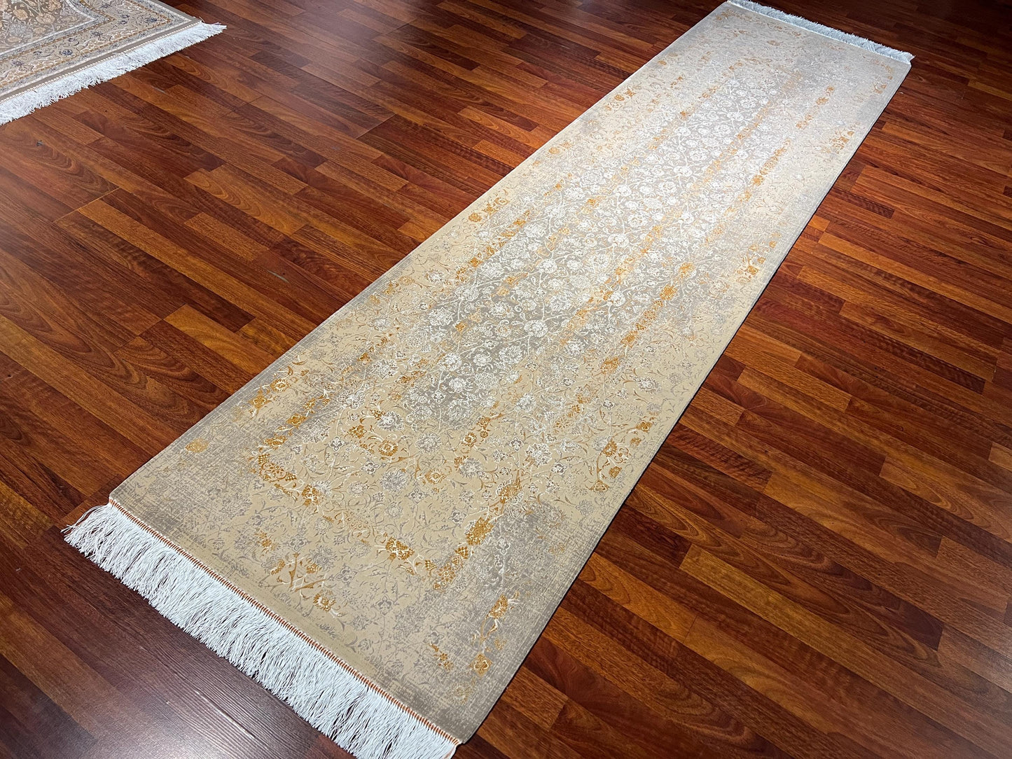 3x10 Gold Silk Runner Rug, Floral Turkish Runner, Luxury Hallway Carpet
