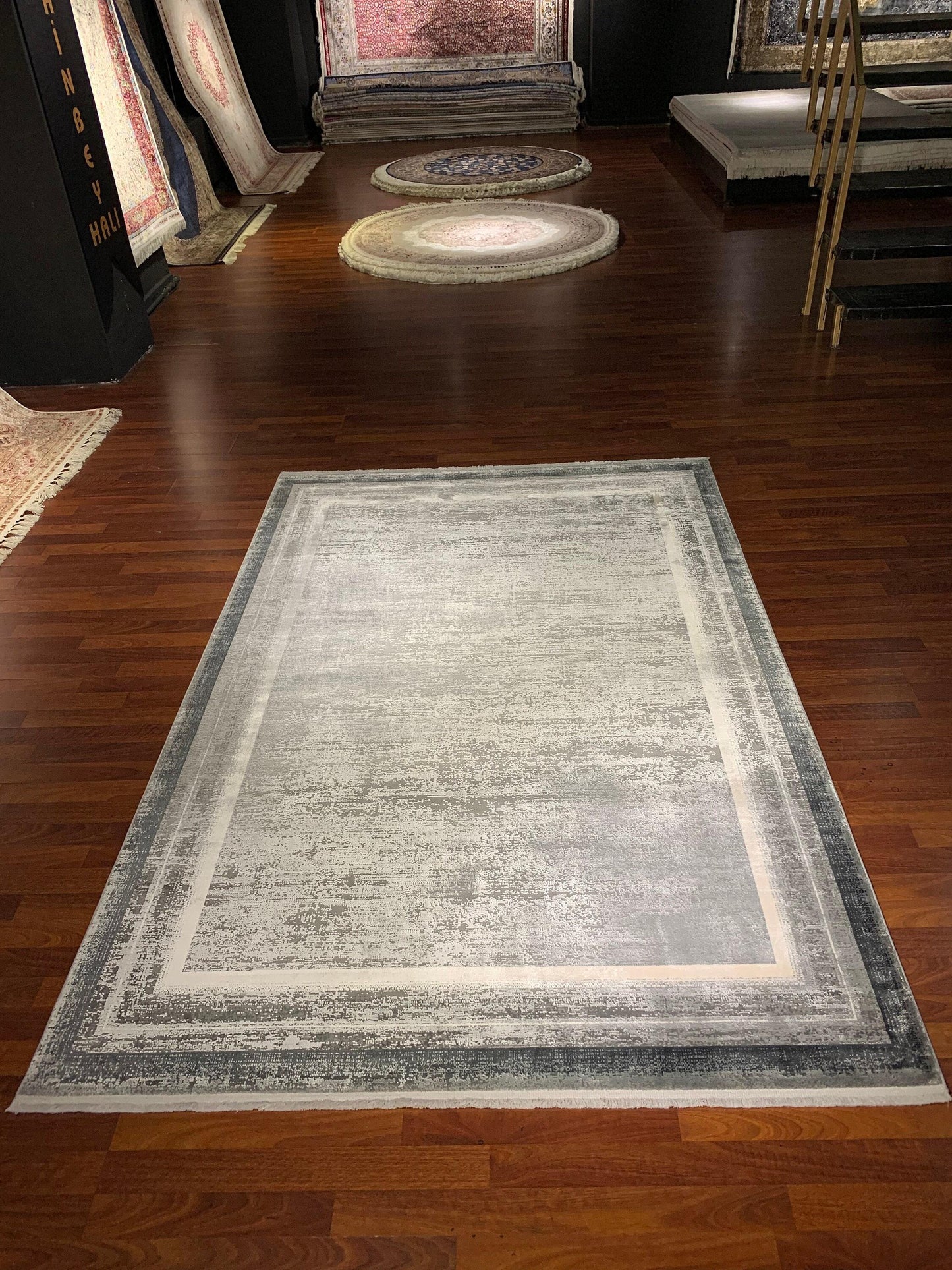 5x8 Modern Rug, Gray Abstract Border, Turkish Viscose Carpet, Living Room Area Rug