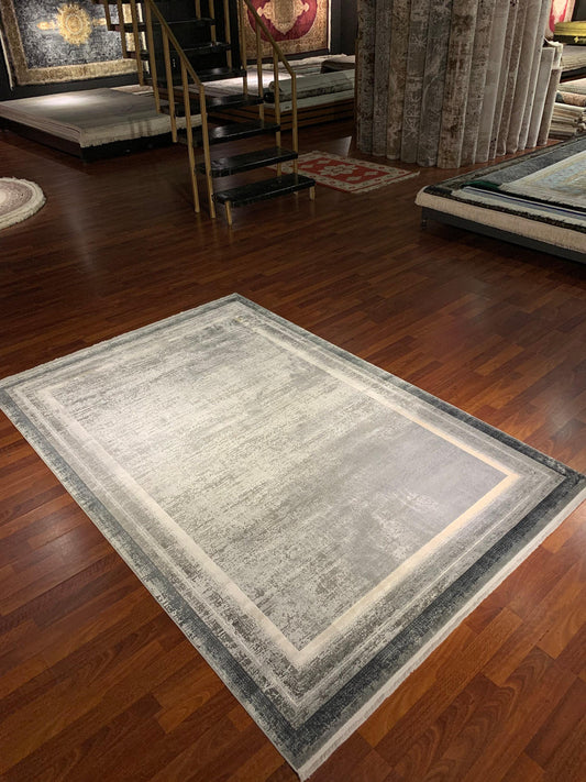 5x8 Modern Rug, Gray Abstract Border, Turkish Viscose Carpet, Living Room Area Rug