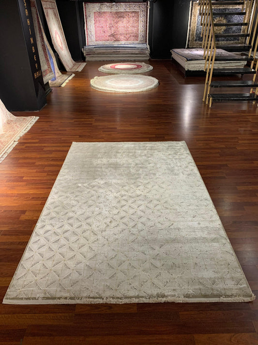 5x8 Modern Rug, Beige Gold Border, Bamboo Acrylic Carpet, Kitchen Dining Room Decor
