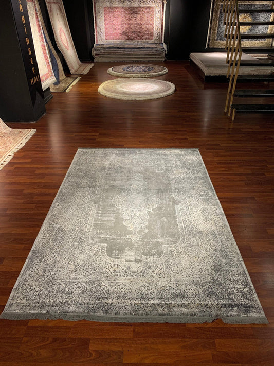 5x8 Gray Rug, Faded Medallion Design, Turkish Oushak Style, Classic Neutral Area Rug