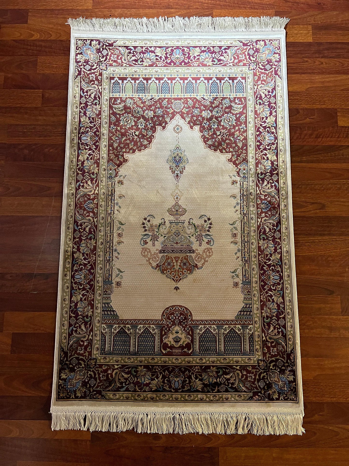 Red Beige Silk Prayer Rug, Floral Mihrab Janamaz, Luxury Islamic Gift Mat