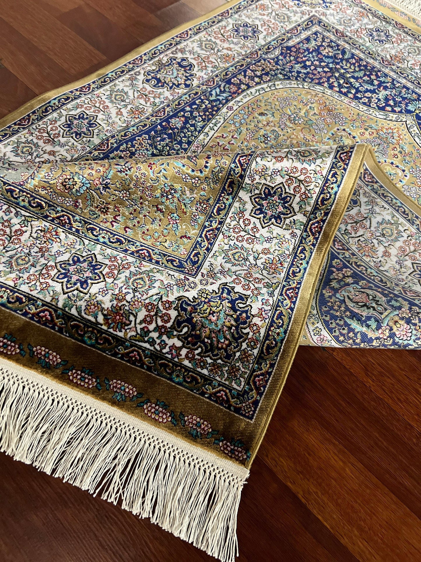Green Blue Silk Prayer Rug, Floral Mihrab Janamaz, Luxury Islamic Gift Mat