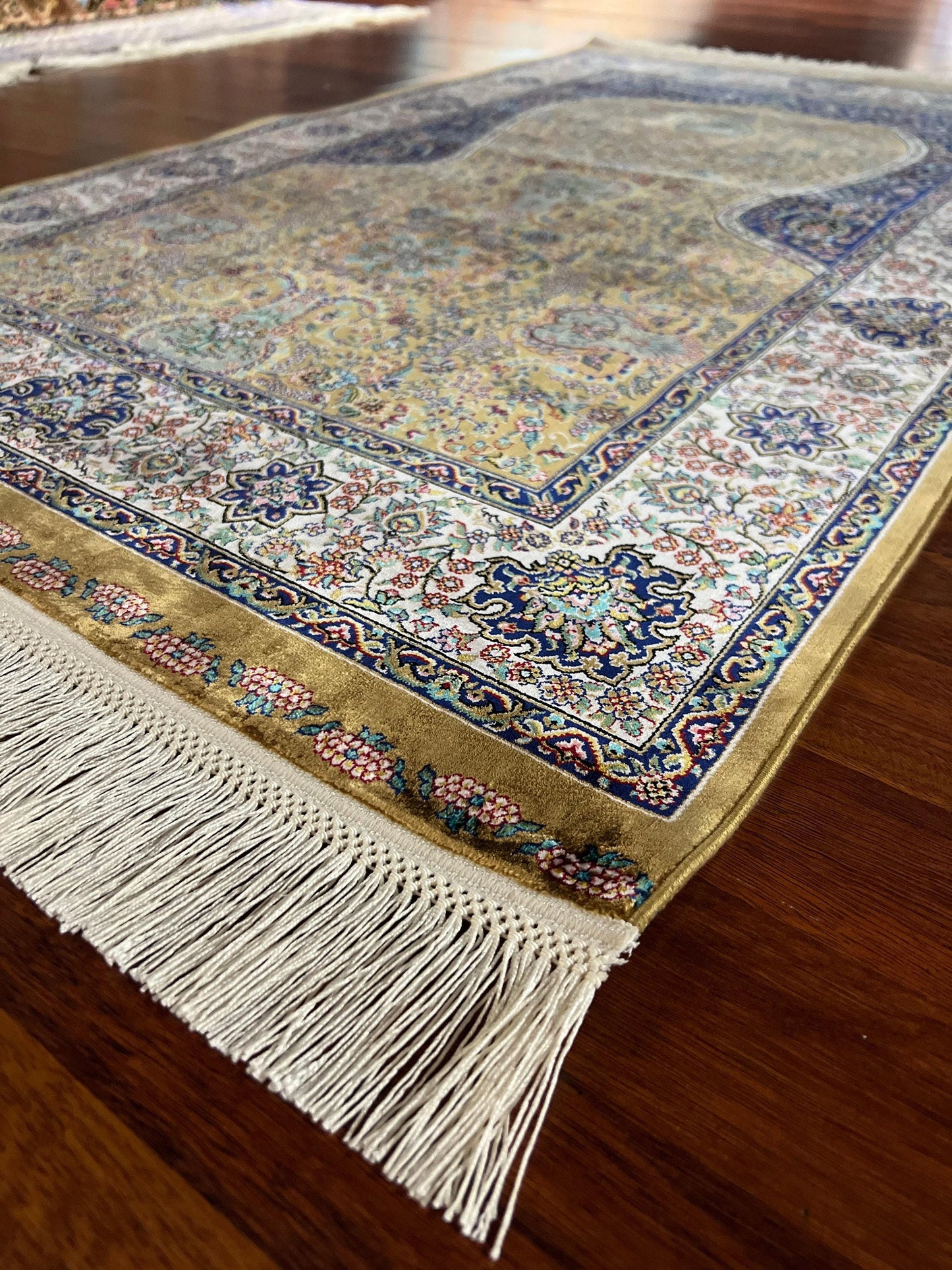 Green Blue Silk Prayer Rug, Floral Mihrab Janamaz, Luxury Islamic Gift Mat