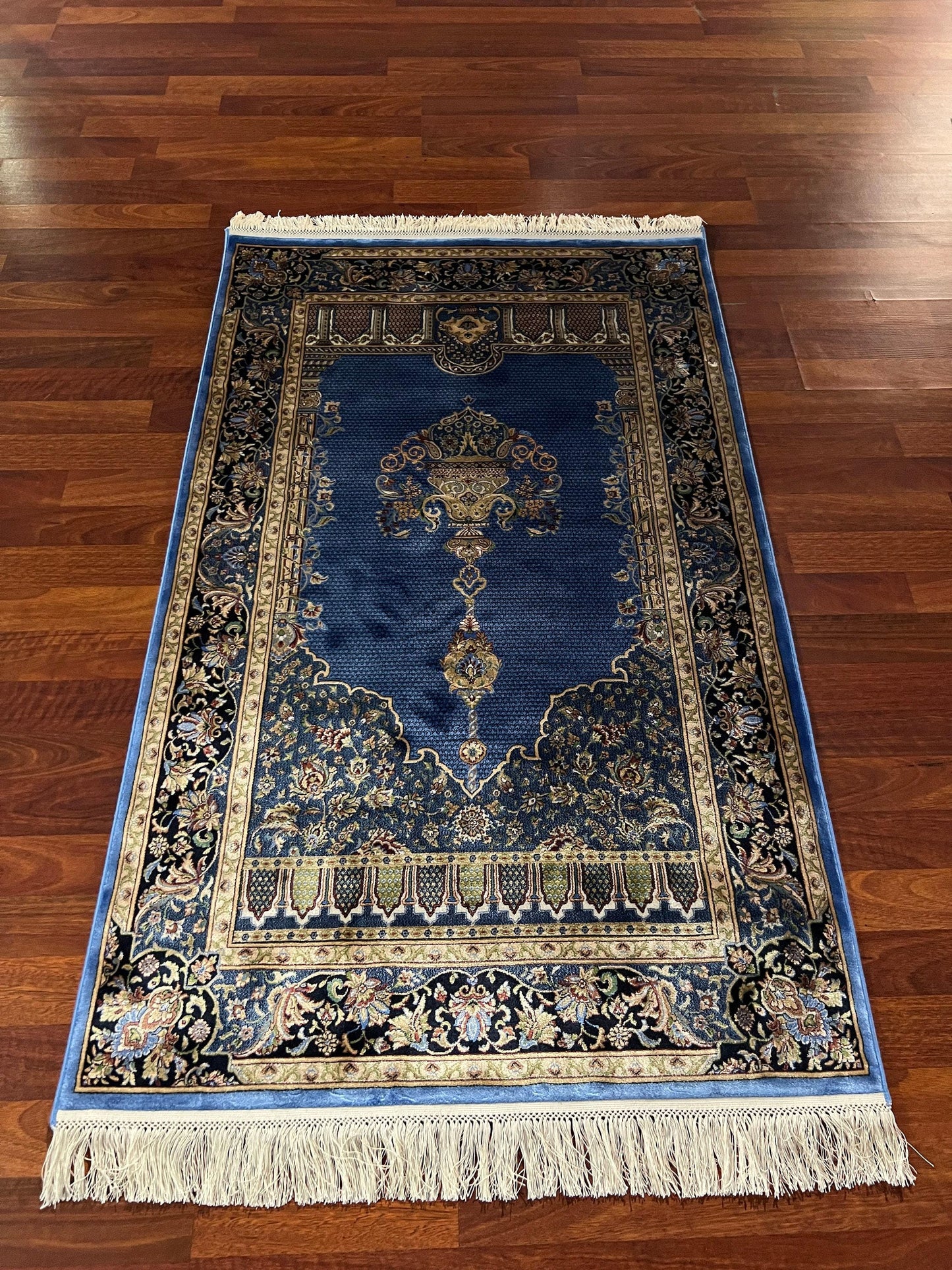 Blue Beige Silk Prayer Rug, Mihrab Floral Janamaz, Luxury Islamic Gift Mat