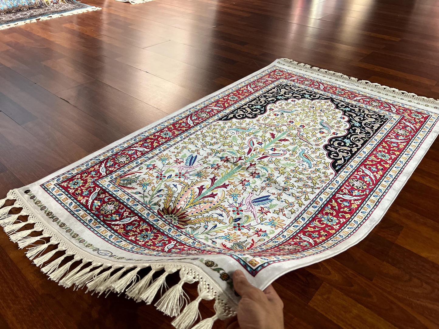 Floral Tree Silk Prayer Rug, Red Border Janamaz, Luxury Islamic Gift Mat