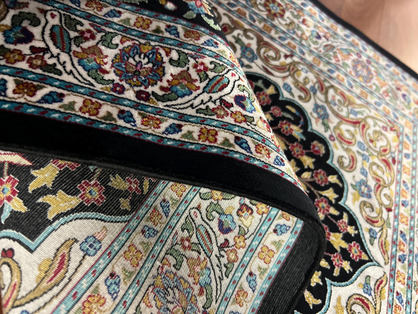 Black Floral Silk Prayer Rug, Tree Pattern Janamaz, Luxury Islamic Gift Mat