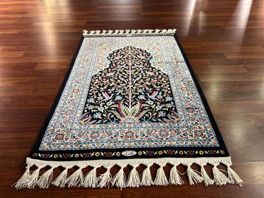 Black Floral Silk Prayer Rug, Tree Pattern Janamaz, Luxury Islamic Gift Mat