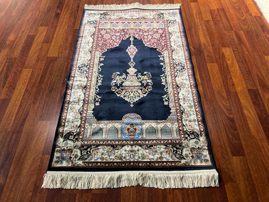 Black Mihrab Silk Prayer Rug, Floral Islamic Janamaz, Luxury Gift Prayer Mat