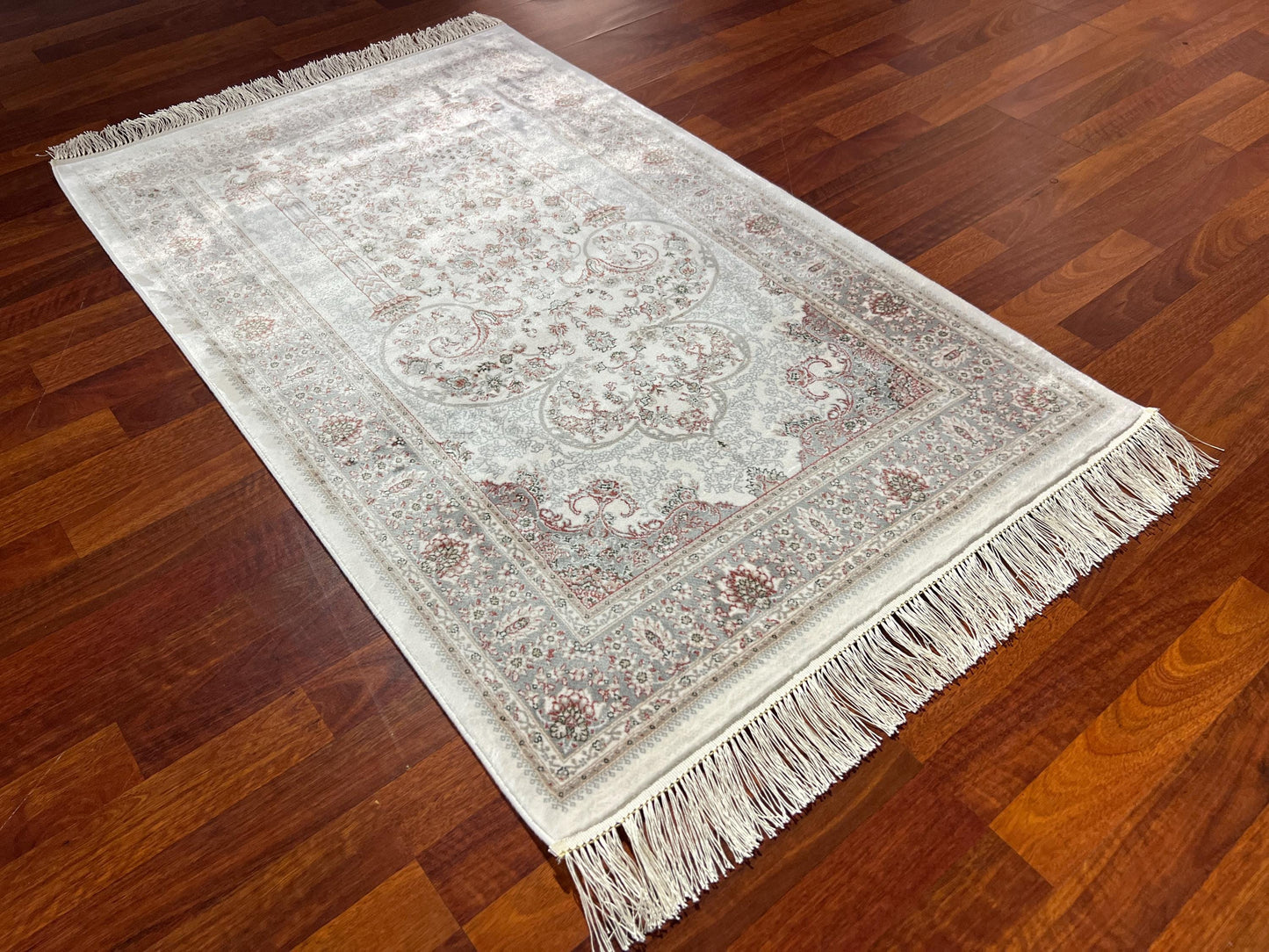 White Gray Silk Prayer Rug, Minimal Floral Janamaz, Elegant Islamic Gift Mat
