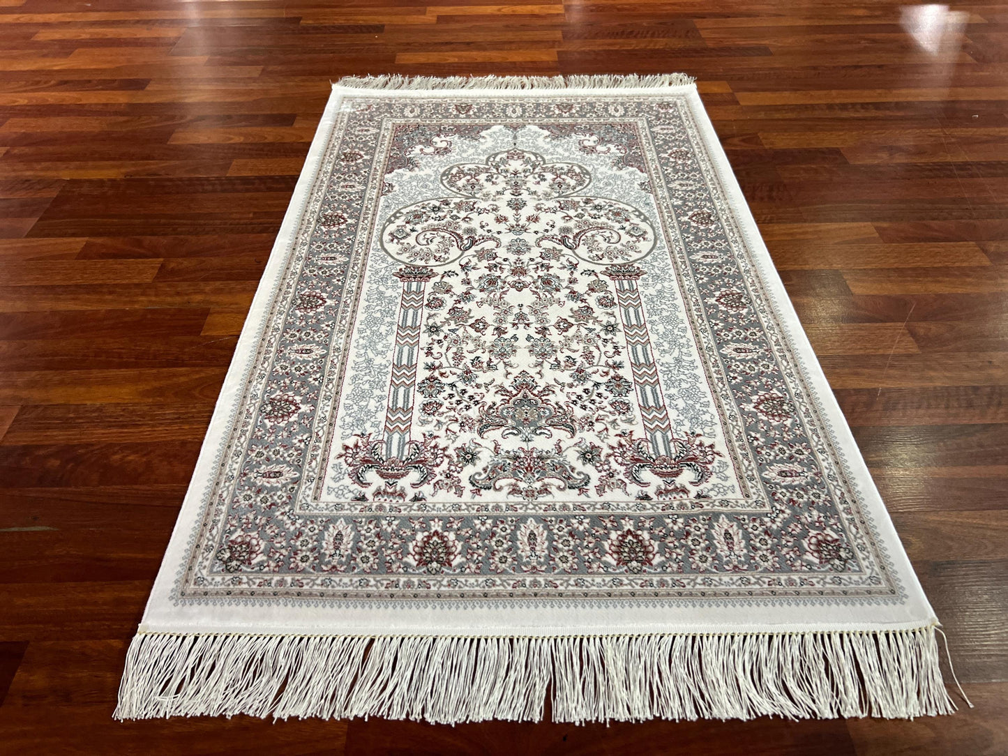 White Gray Silk Prayer Rug, Minimal Floral Janamaz, Elegant Islamic Gift Mat