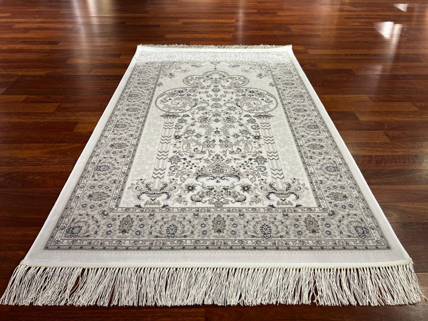 White Gray Minimal Silk Prayer Rug, Elegant Janamaz, Floral Islamic Gift Mat
