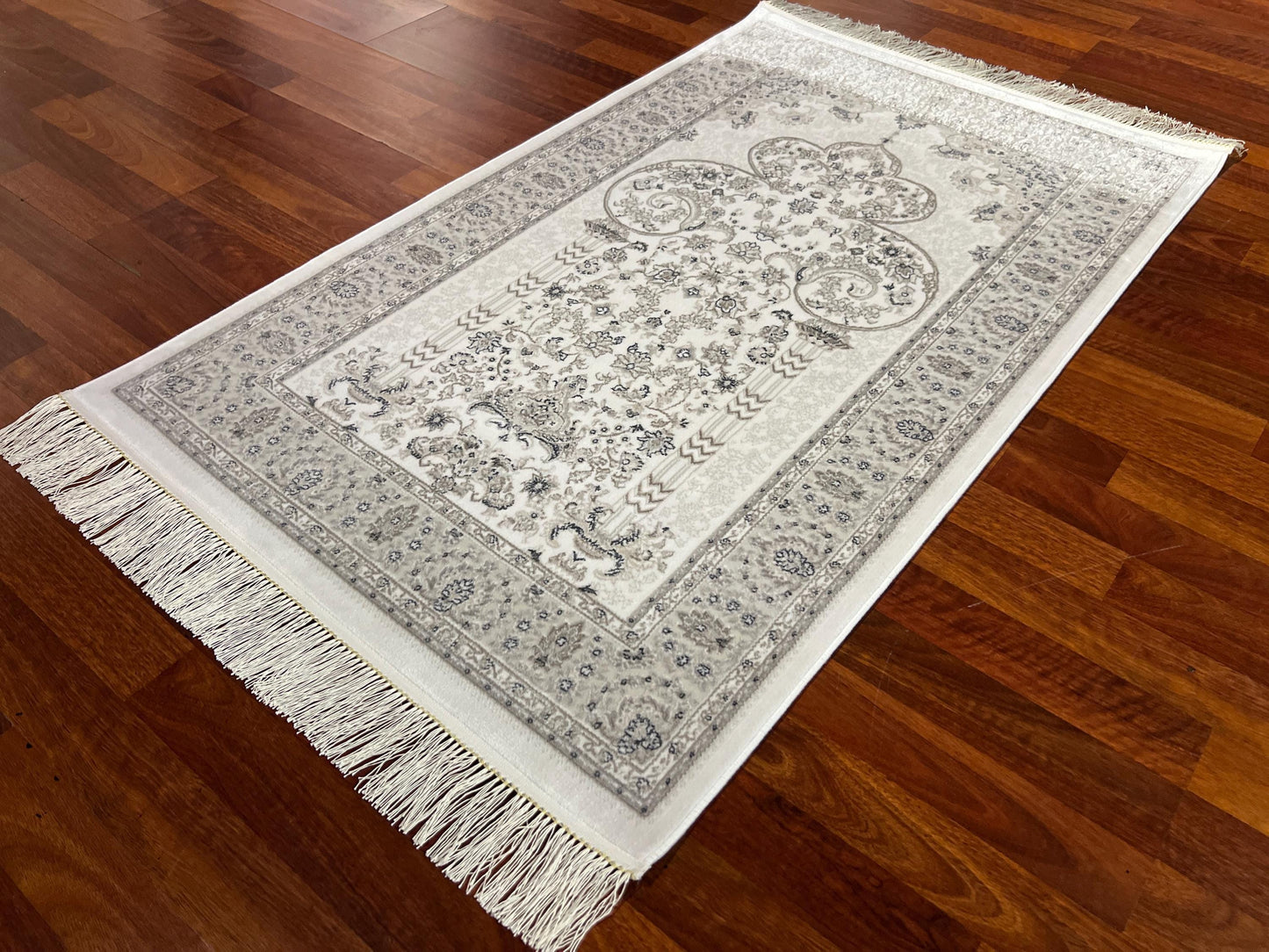 White Gray Minimal Silk Prayer Rug, Elegant Janamaz, Floral Islamic Gift Mat