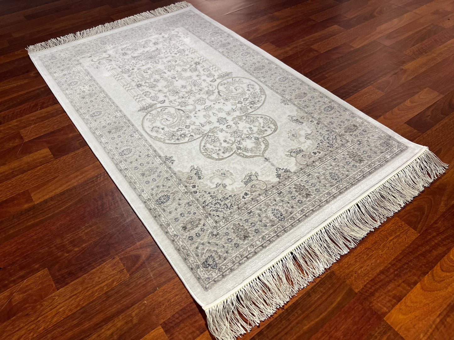 White Gray Minimal Silk Prayer Rug, Elegant Janamaz, Floral Islamic Gift Mat