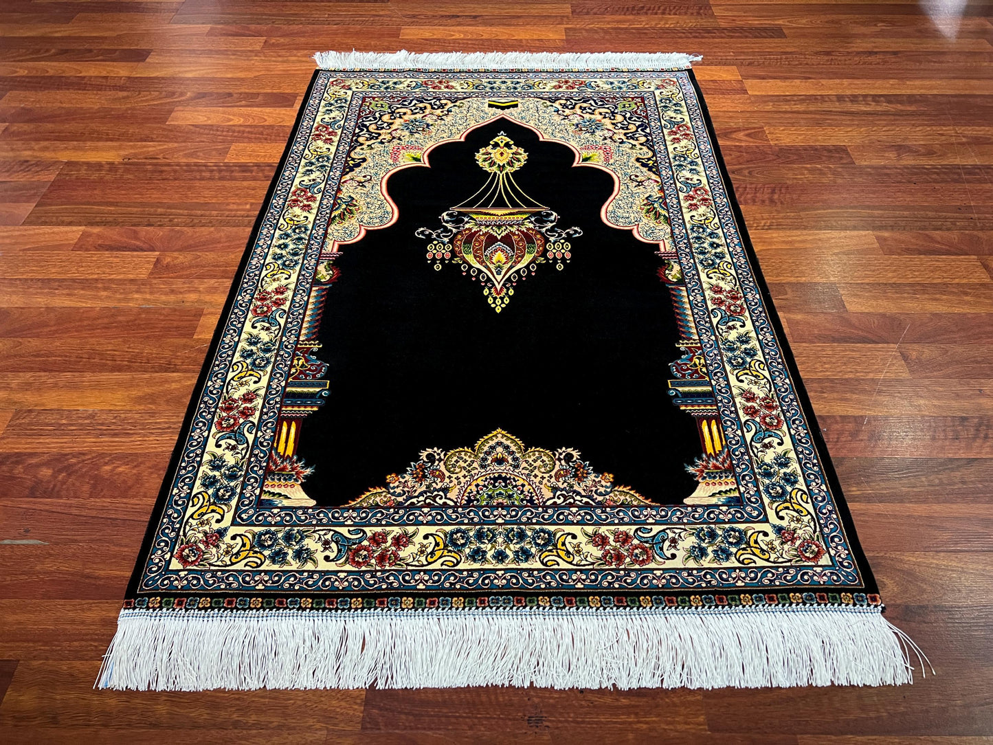 Black Gold Silk Prayer Rug, Mihrab Arch Janamaz, Luxury Islamic Gift Mat