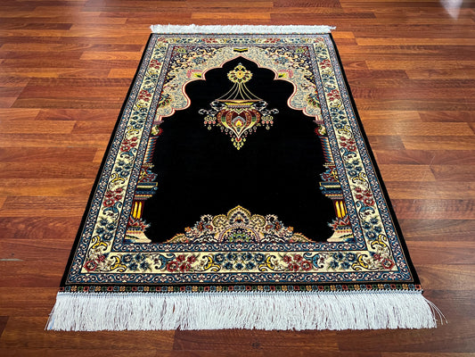 Black Gold Silk Prayer Rug, Mihrab Arch Janamaz, Luxury Islamic Gift Mat