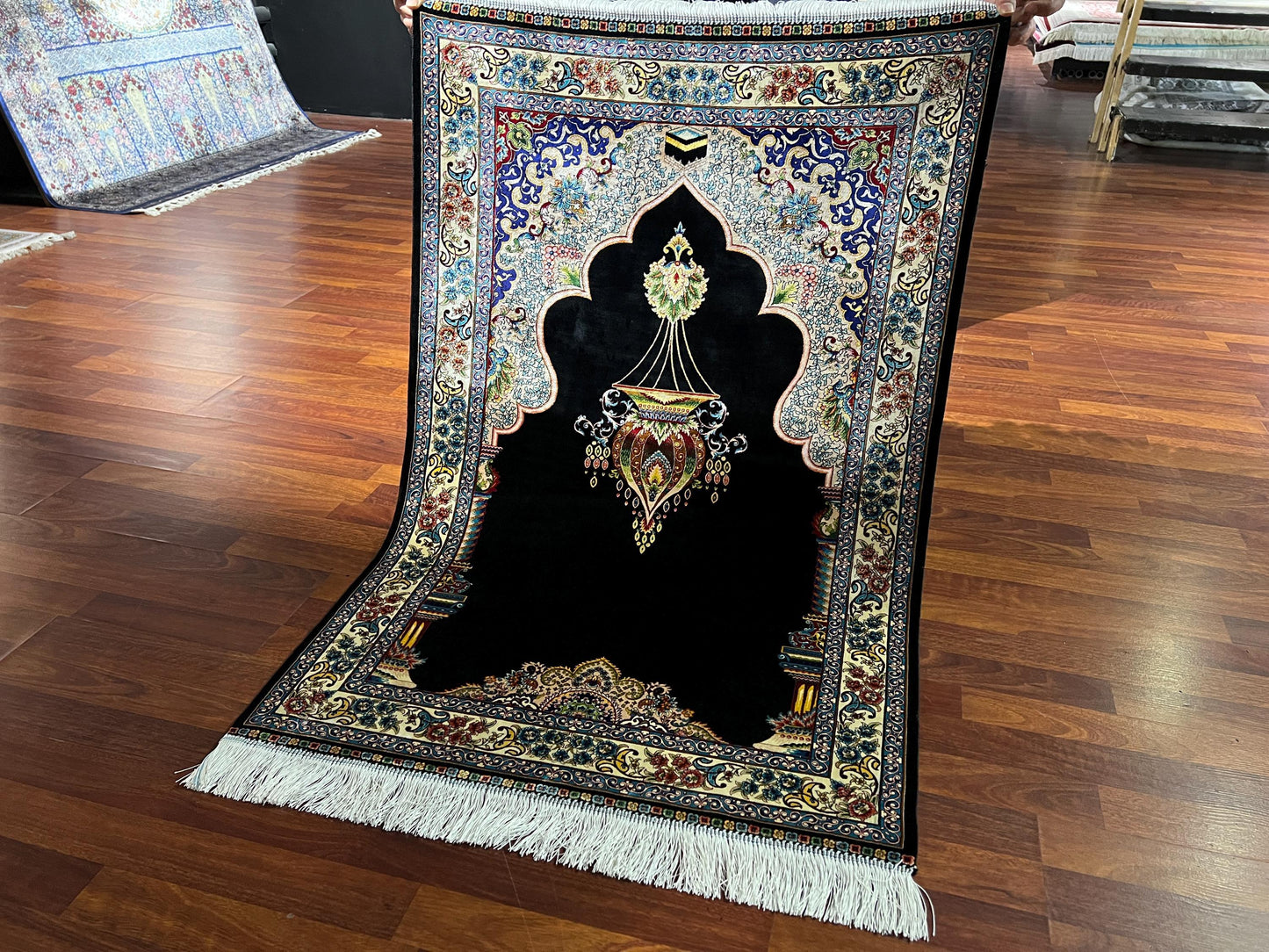 Black Gold Silk Prayer Rug, Mihrab Arch Janamaz, Luxury Islamic Gift Mat