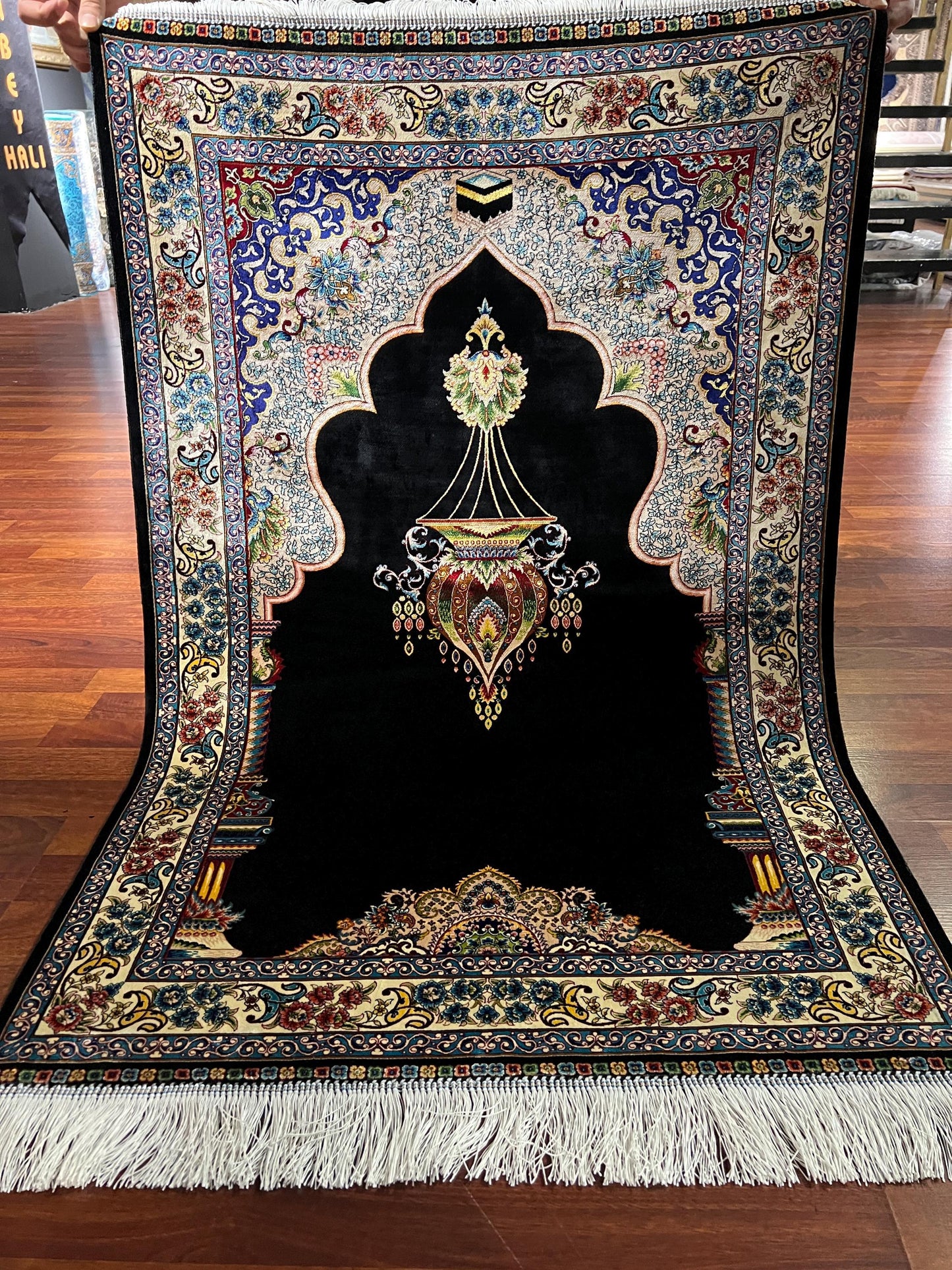 Black Gold Silk Prayer Rug, Mihrab Arch Janamaz, Luxury Islamic Gift Mat