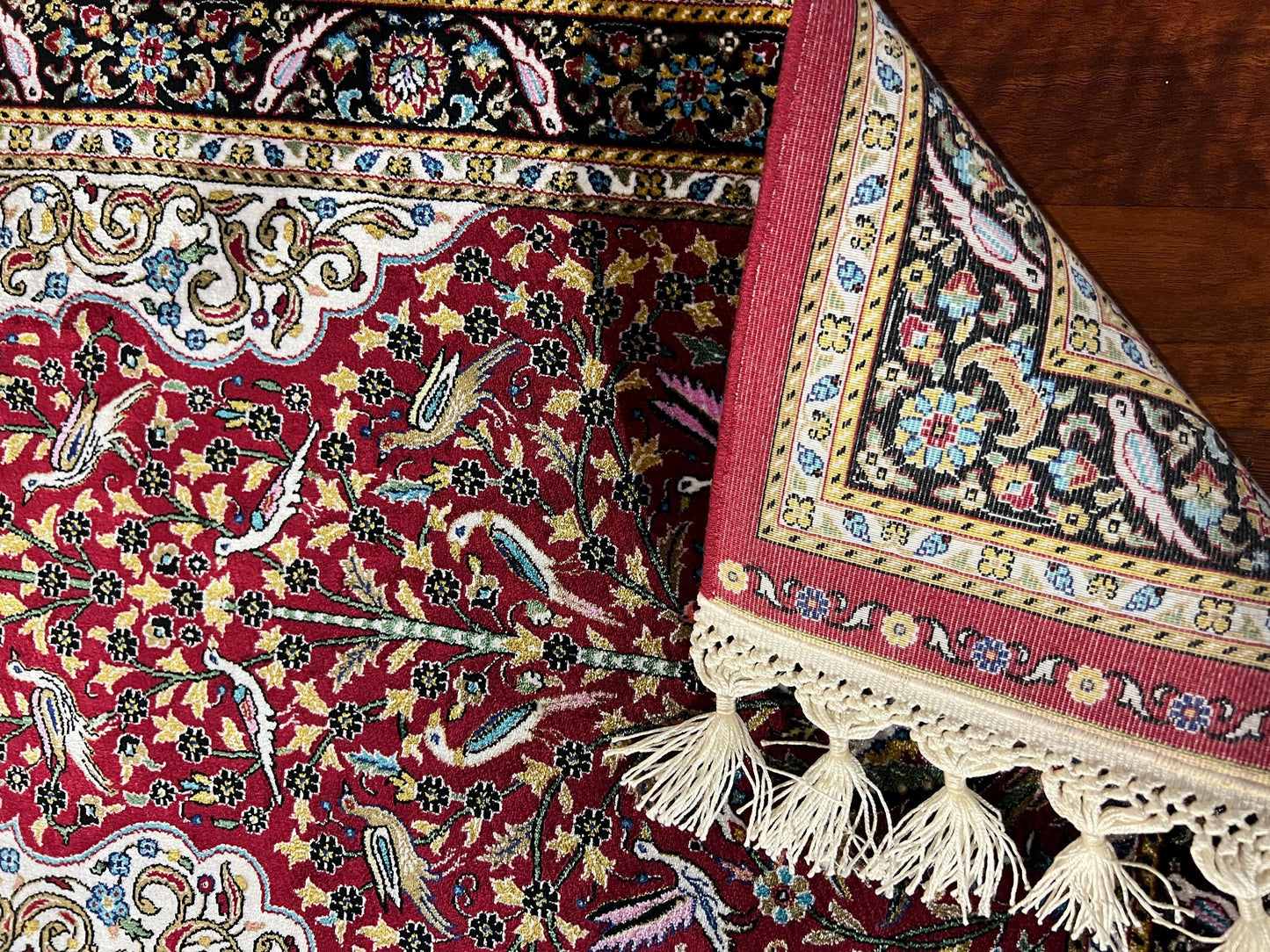 Red Floral Silk Prayer Rug, Tree Pattern Janamaz, Luxury Islamic Gift Mat