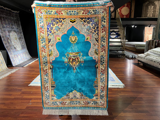 Turquoise Gold Silk Prayer Rug, Mihrab Design Janamaz, Luxury Islamic Gift Mat