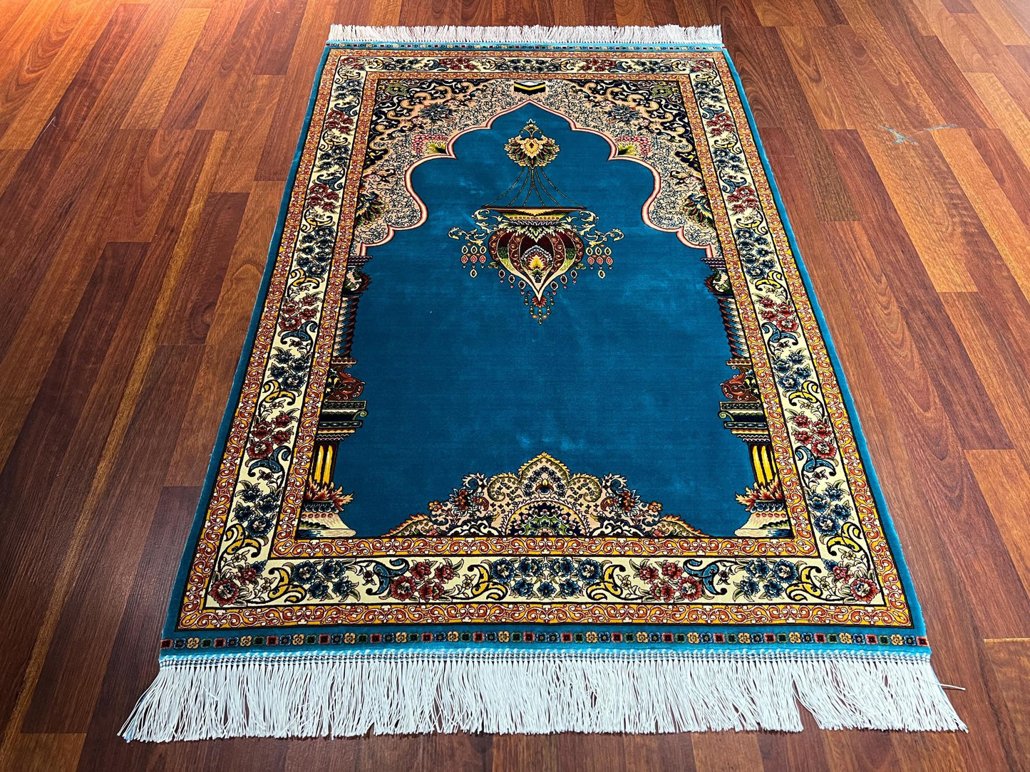 Turquoise Gold Silk Prayer Rug, Mihrab Design Janamaz, Luxury Islamic Gift Mat