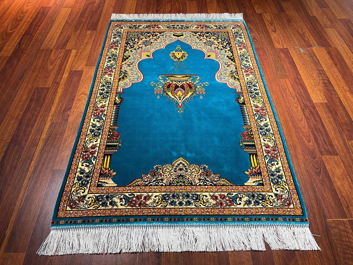 Turquoise Gold Silk Prayer Rug, Mihrab Design Janamaz, Luxury Islamic Gift Mat
