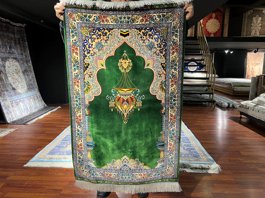 Emerald Green Silk Prayer Rug, Gold Mihrab Janamaz, Luxury Islamic Gift Mat