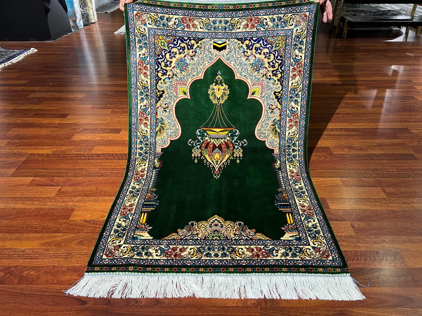 Emerald Green Silk Prayer Rug, Gold Mihrab Janamaz, Luxury Islamic Gift Mat