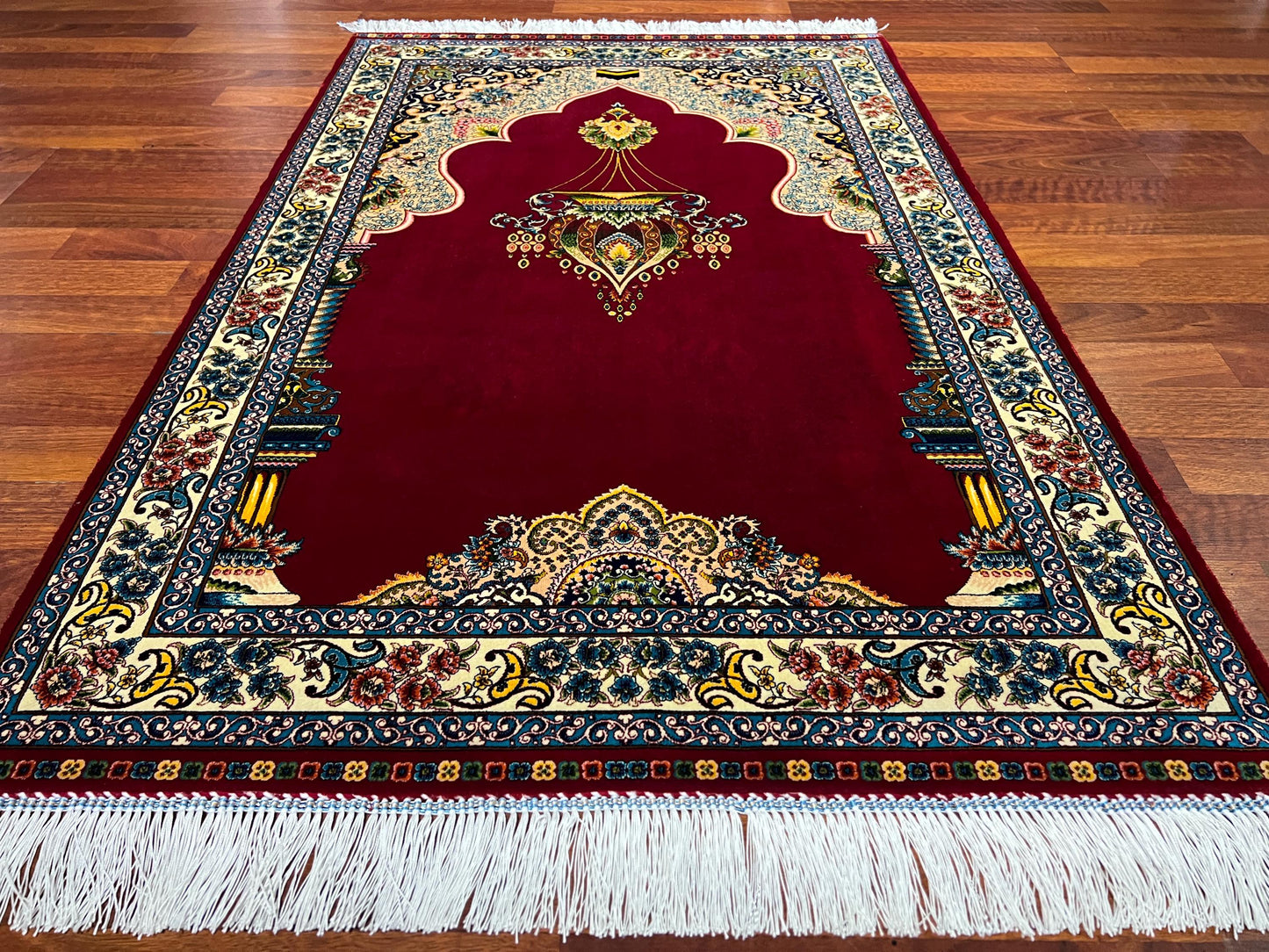 Red Gold Silk Prayer Rug, Ottoman Mihrab Janamaz, Luxury Islamic Gift Mat
