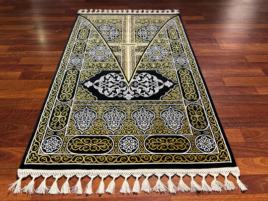 Kaaba Door Silk Prayer Rug, Black Gold Janamaz, Luxury Islamic Gift Mat