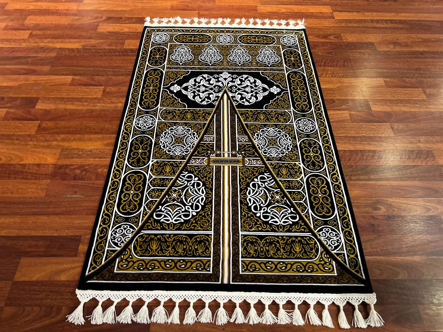 Kaaba Door Silk Prayer Rug, Black Gold Janamaz, Luxury Islamic Gift Mat