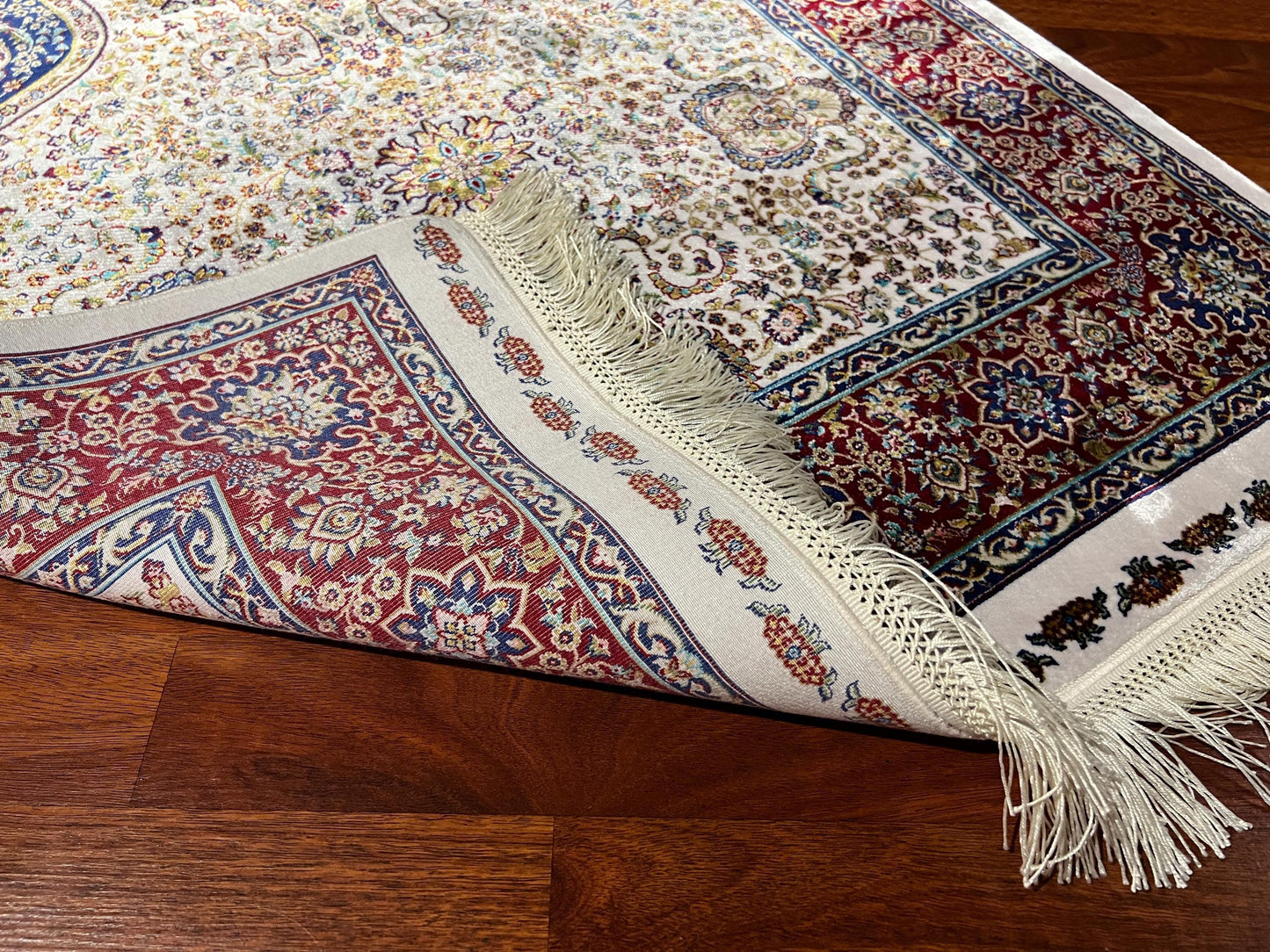 Cream Red Blue Silk Prayer Rug, Floral Mihrab Janamaz, Luxury Islamic Gift Rug