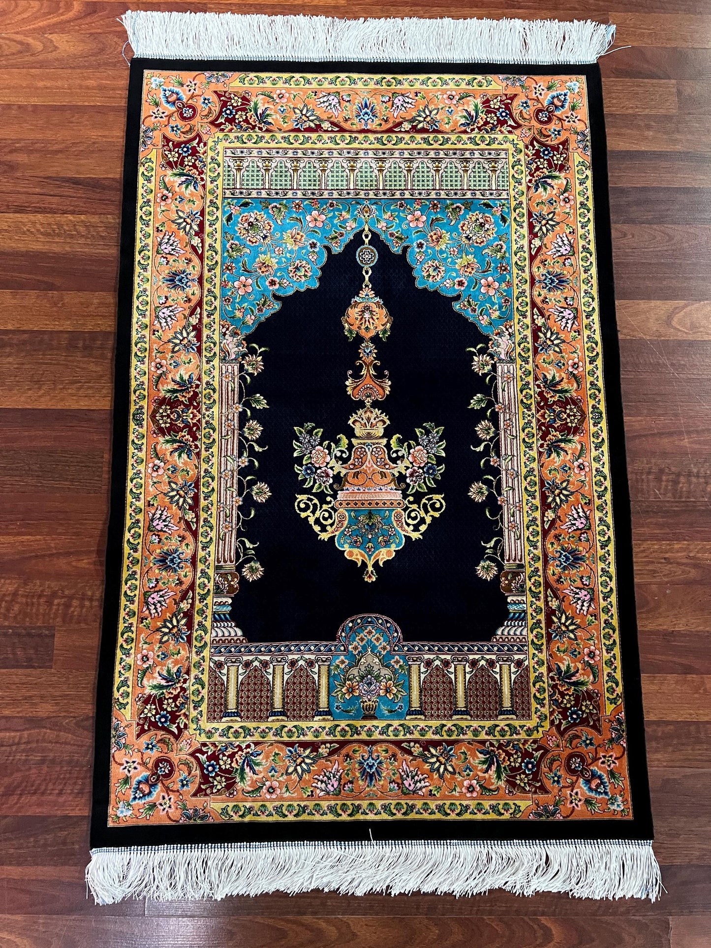 Navy Blue Gold Silk Prayer Rug, Luxury Janamaz, Floral Mihrab Islamic Gift Mat