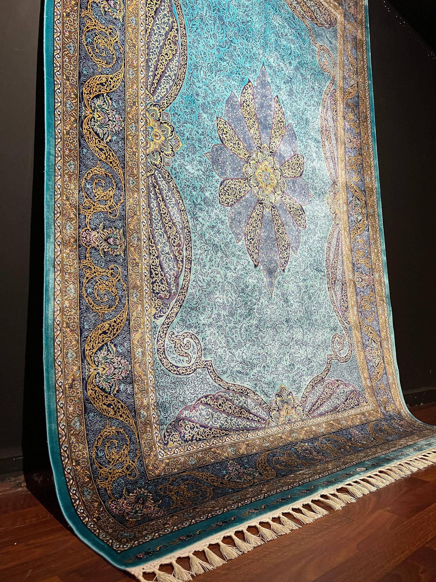 5x8 Silk Rug, Turquoise Lotus Medallion, Navy Gold Border, Turkish Oriental Luxury Area Rug