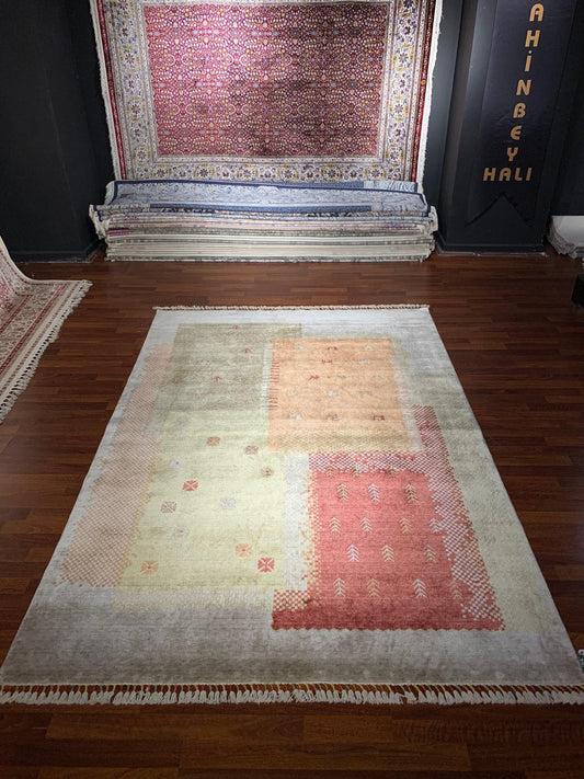 5x8 Area Rug, Anatolian Oushak Style, Beige Terracotta Patchwork, Tencel Turkish Rug