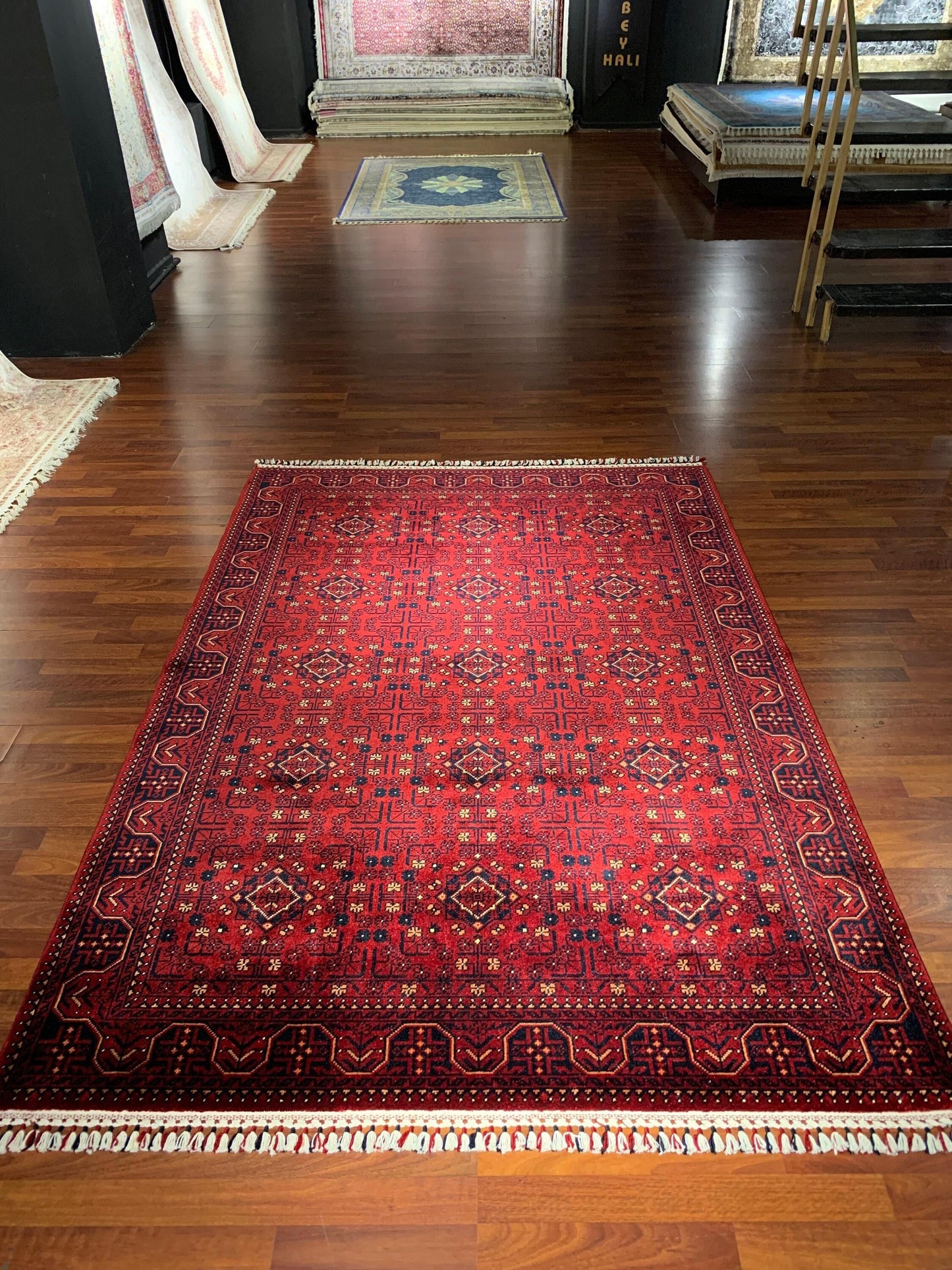 5x8 Silk Rug, Red Tribal Diamond Pattern, Turkish Oushak Style, Fringe Living Room Rug