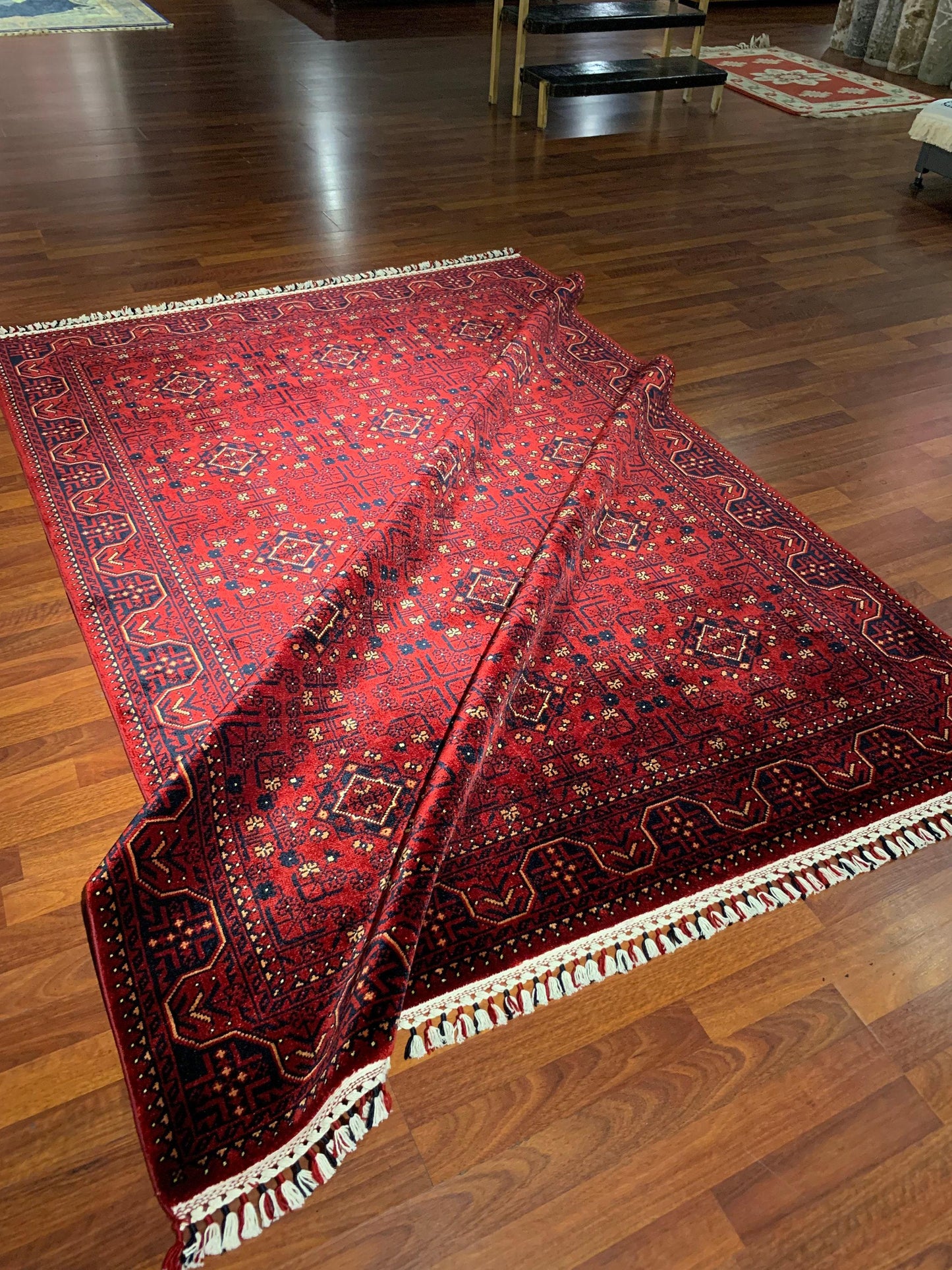5x8 Silk Rug, Red Tribal Diamond Pattern, Turkish Oushak Style, Fringe Living Room Rug