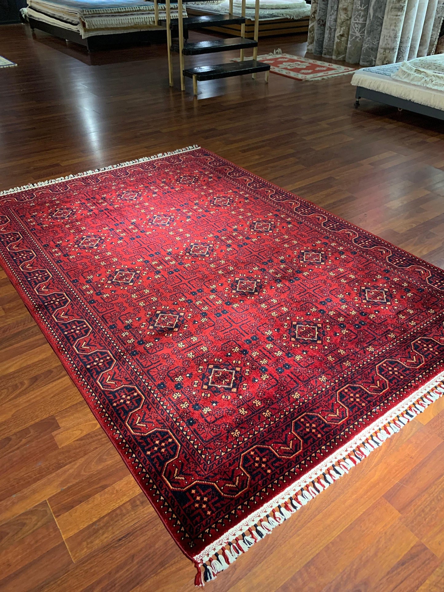 5x8 Silk Rug, Red Tribal Diamond Pattern, Turkish Oushak Style, Fringe Living Room Rug